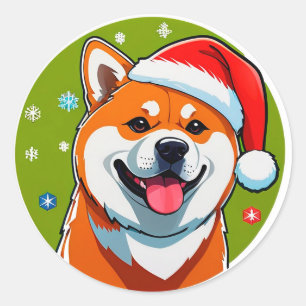 Sticker Rond Chien de Noël adorable avec un chapeau de Père Noë