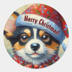 Sticker Rond Chien de Noël Chien Chien Chien Puppy avec Santa H