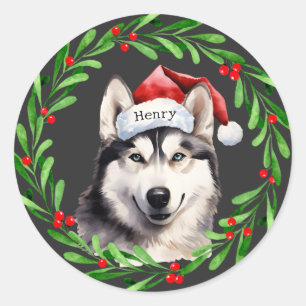 Sticker Rond Chien de Noël Sibérien Husky Santa Hat