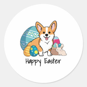 Sticker Rond Chien de Pâques Corgi heureux Pâques