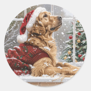 Sticker Rond Chien de Père Noël de Noël Golden Retriever