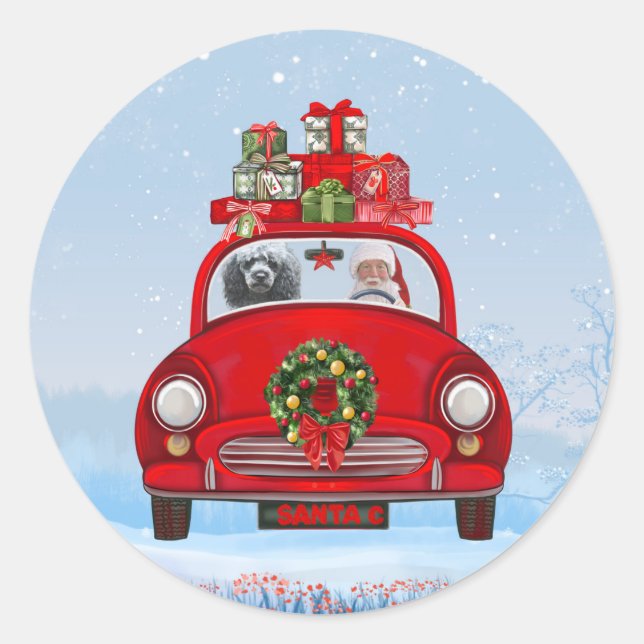 Sticker Rond Chien De Poiche En Voiture Avec Le Père Noël (Devant)