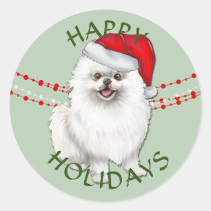 Sticker Rond Chien de Poméranie Blanche Santa Hat Joyeuses Fête