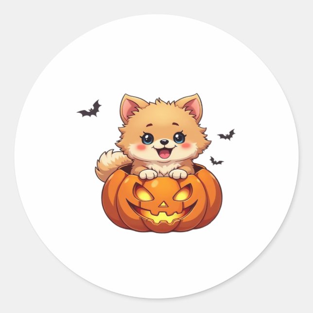 Sticker Rond Chien de Poméranie Happy Halloween citrouille Clas (Devant)