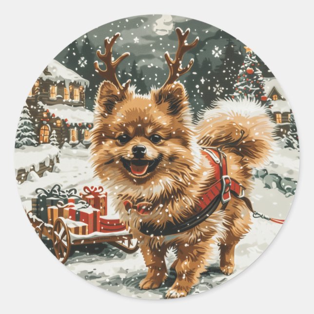 Sticker Rond Chien de rennes de Noël de Poméranie (Devant)