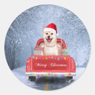 Sticker Rond Chien de Shiba Inu en neige assis sur un camion de