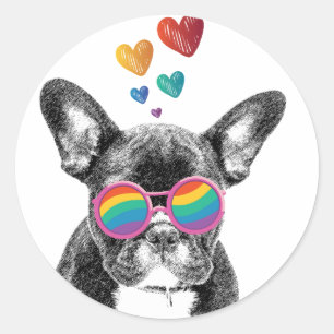 Sticker Rond Chien de taureau avec Coeurs Saint-Valentin