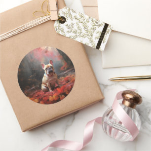 Sticker Rond Chien de taureau français en automne Leaves automn