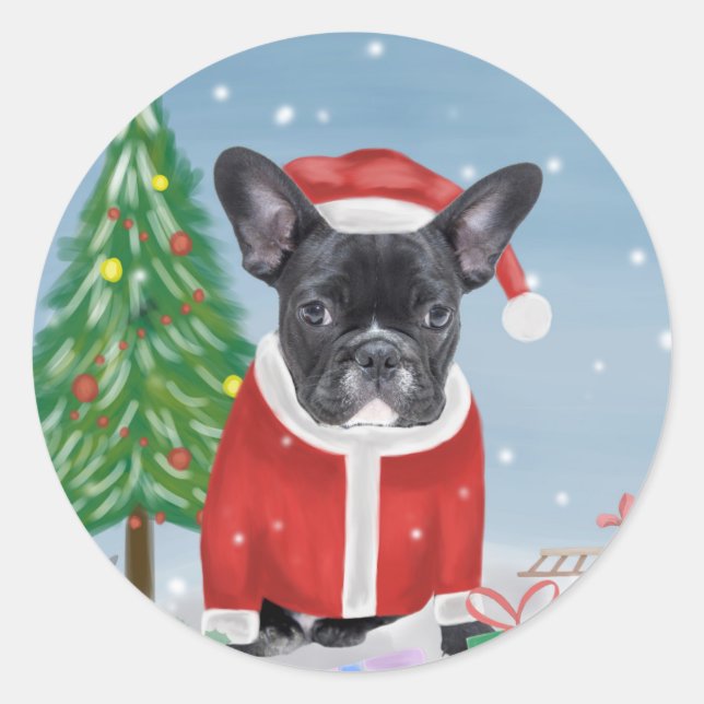 Sticker Rond Chien de taureau français en neige avec cadeaux de (Devant)