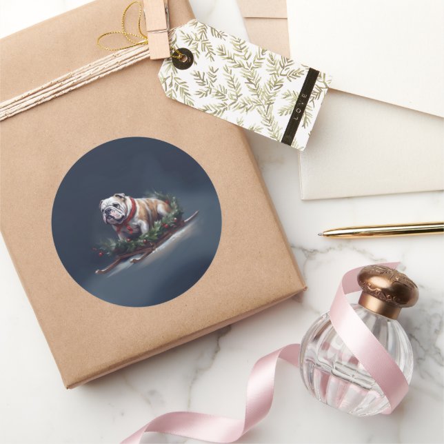 Sticker Rond Chien de taureau neige hiver (Cadeaux)