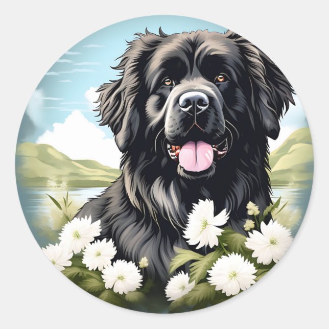 Sticker Rond Chien de Terre-Neuve avec fleurs blanches (Devant)