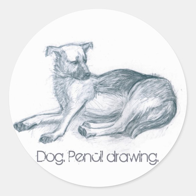 Sticker Rond Chien. Dessin au crayon. (Devant)