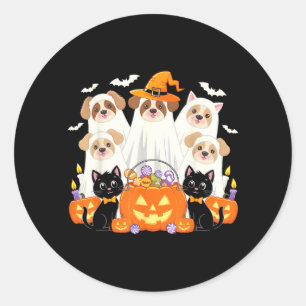Sticker Rond Chien d'Halloween déguisé en fantôme Chien d'Hallo