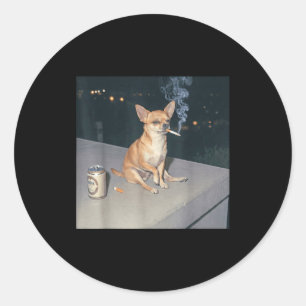 Sticker Rond Chien drôle fumant chihuahua mème cigarette bière 