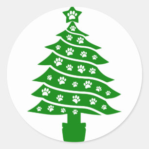 Sticker Rond Chien Empreinte de patte Green Christmas Tree