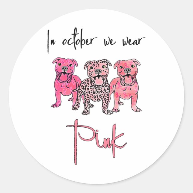 Sticker Rond Chien En Octobre Nous Portons Le Ruban Rose Cancer (Devant)