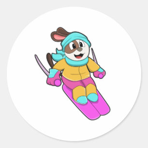 Sticker Rond Chien en Skier avec Ski & Scarf