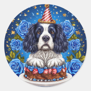 Sticker Rond Chien Espagnol Célébrant Anniversaire Avec Casquet
