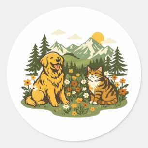 Sticker Rond Chien et chat meilleurs amis Cottagecore Fleur sau