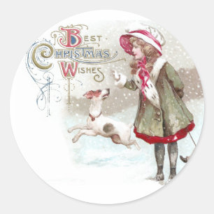 Sticker Rond Chien et fille sur traîneau Vintage Noël