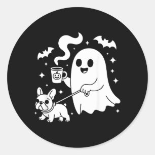Sticker Rond Chien fantôme bouledogue français café Halloween