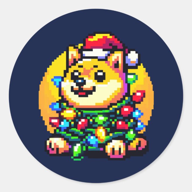 Sticker Rond Chien Festif - Joli Pixel Art lumières de Noël (Devant)