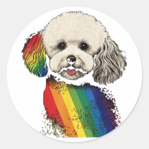 Sticker Rond Chien Gay pride de Bichon Drapeau arc-en-ciel LGBT