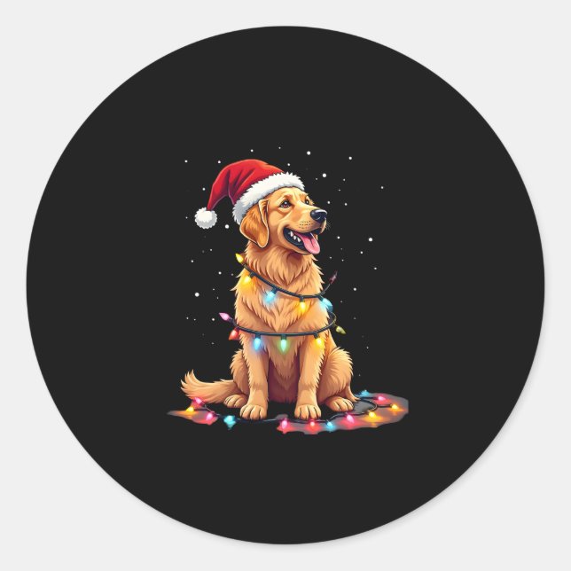 Sticker Rond Chien Golden Retriever Père Noël Noël lumières de  (Devant)