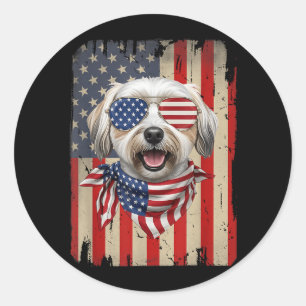Sticker Rond Chien Havanais 14 juillet AAAmerican Flag USA