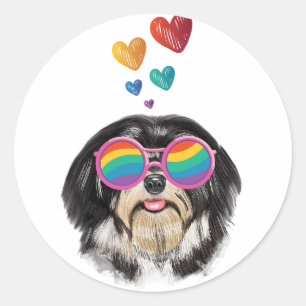 Sticker Rond Chien Havanais avec coeurs Saint-Valentin 
