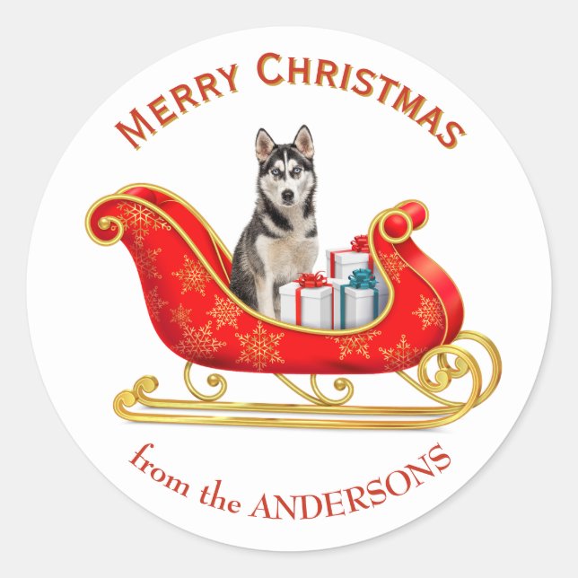 Sticker Rond Chien Husky Sibérien au traîneau de Noël (Devant)