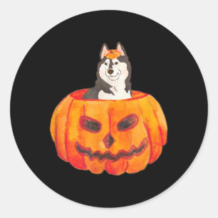 Sticker Rond Chien Husky Sibérien Noir Joyeux Halloween Citroui