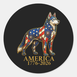 Sticker Rond Chien husky sibérien patriotique Aamerica 1776-202