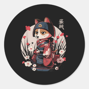 Sticker Rond Chien japonais Samurai Tattoo Kawaii Ninja Chien