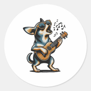 Sticker Rond Chien Jouant de la Guitare Chantant Chihuahua Drôl