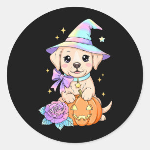 Sticker Rond Chien Labrado Kawaii Sorcière Citrouille Halloween