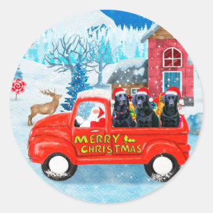 Sticker Rond Chien Labrador camion de livraison de Noël enneigé