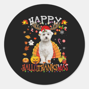Sticker Rond Chien maltais Halloween Chien de Noël Joyeux Hallo
