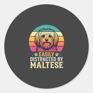 Sticker Rond Chien maltais rétro coucher de soleil distrait