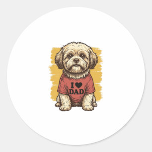 Sticker Rond Chien Mignon J'Aime Papa Gravure Vintage Design Ve