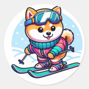 Sticker Rond Chien mignon Shiba ski en hiver