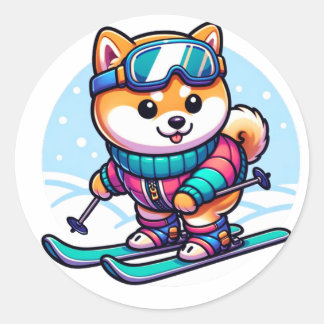 Sticker Rond Chien mignon Shiba ski en hiver