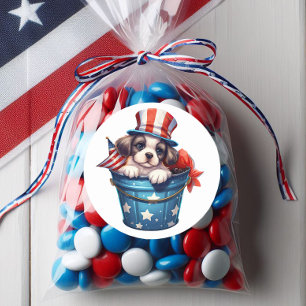 Sticker Rond Chien Patriote Chapeau Haut de Forme Rouge Blanc B