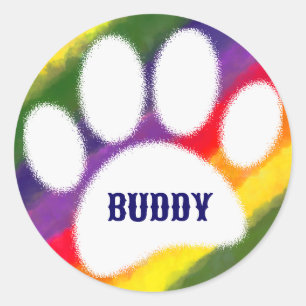 Sticker Rond Chien Pawprint Rainbow Watercolor Nom personnalisé