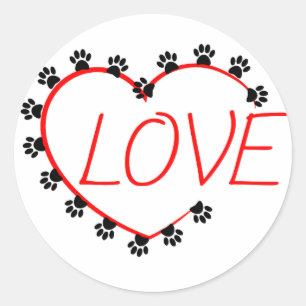 Sticker Rond Chien Paws Red Heart Love