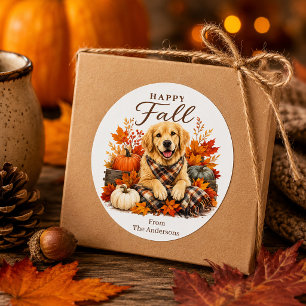 Sticker Rond Chien Retriever doré de l'automne heureux Citrouil