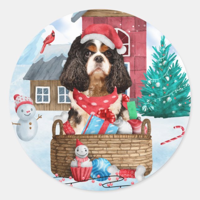 Sticker Rond Chien Roi Cavalier dans la neige Maison de Chien N (Devant)