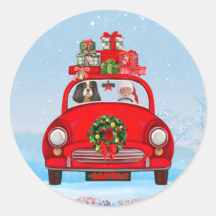 Sticker Rond Chien Roi Cavalier En Voiture Avec Le Père Noël
