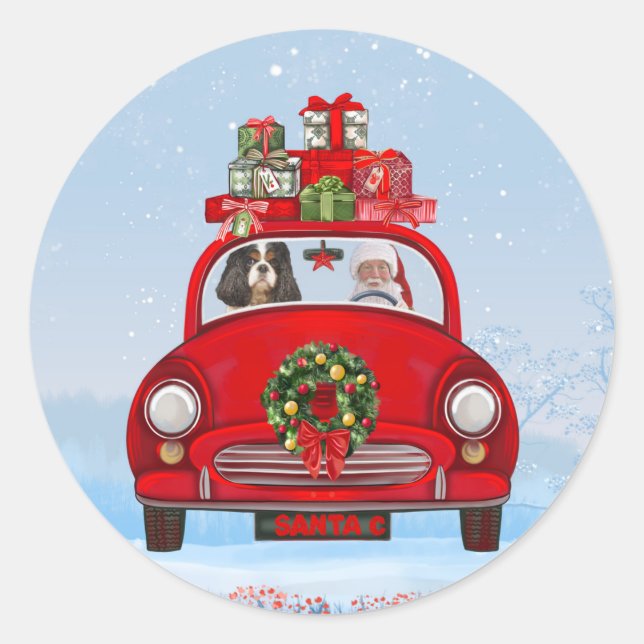 Sticker Rond Chien Roi Cavalier En Voiture Avec Le Père Noël (Devant)
