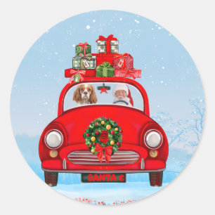 Sticker Rond Chien Roi Cavalier En Voiture Avec Le Père Noël